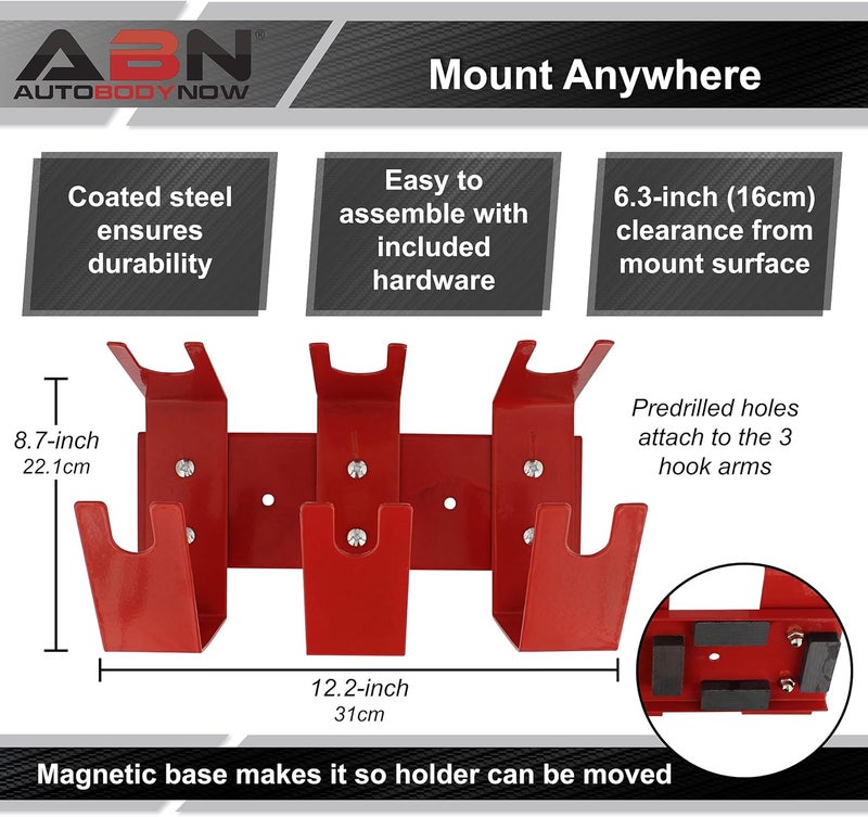 ABN 3 Hook Gravity Spray Gun Holder Triple Paint Gun Rack - 12in Magnetic Auto Paint Gun Holder for Gravity Feed Sprayer - Image 2